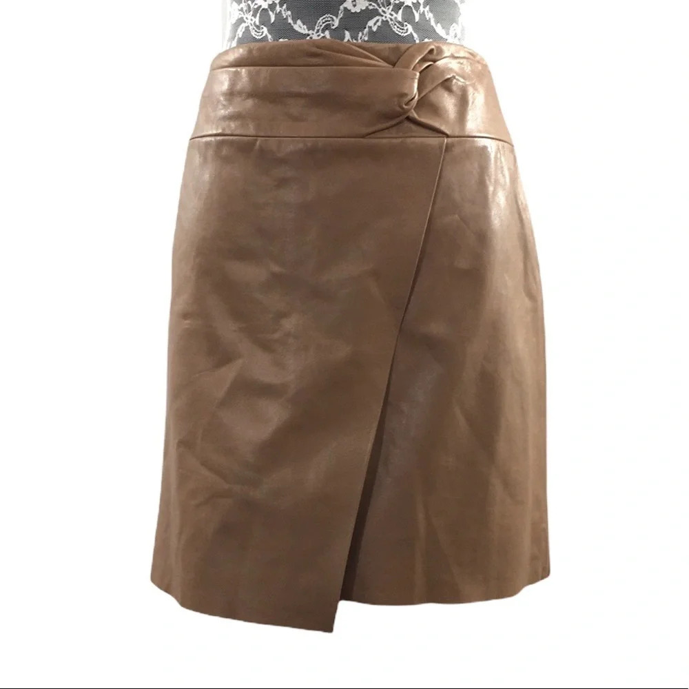 Halston Heritage Taupe Lamb Leather The Drape Mini Skirt Womens 6 Tie Twist